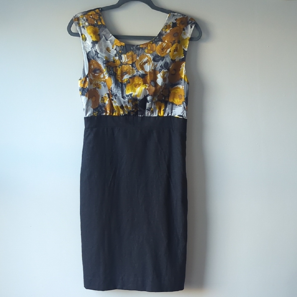 J. Crew Floral Dark Grey and Yellow Silk Floral Women's Dress 6